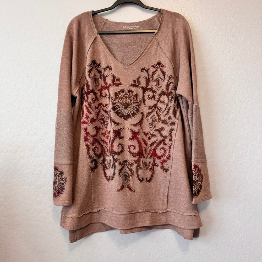Soft Surroundings XL Tunic Sweatshirt Mauve Long Sleeve Velvet Applique Boho
